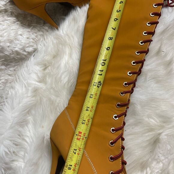 Bamboo Synthetic nubuck tan Combat knee high lace Up Stiletto Platform Boots SZ9 - Picture 8 of 12